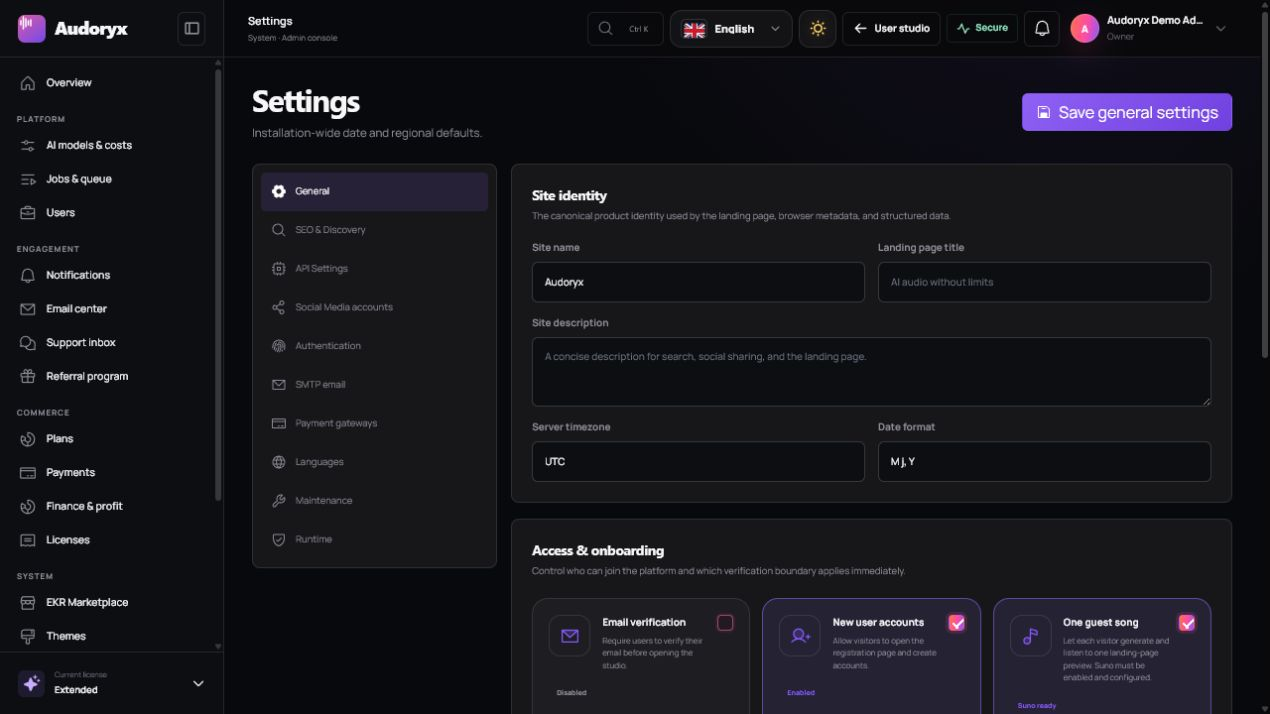 Audoryx Settings page with section navigation, site identity, timezone, date format, onboarding controls, maintenance, runtime, and save action.