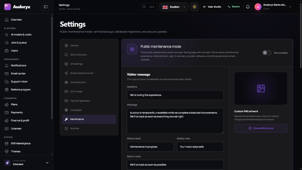 Audoryx maintenance settings with forced-site mode, custom message and PNG artwork controls, theme previews, and operational safeguards.