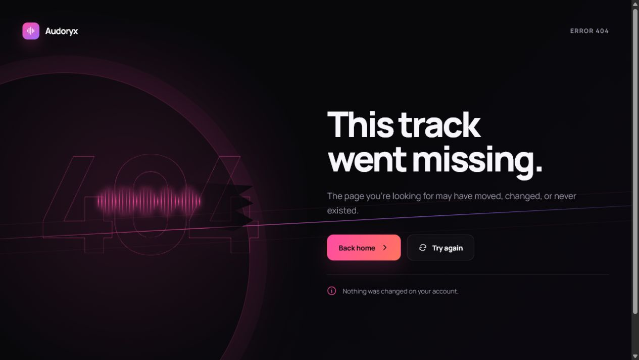 Theme-specific Nocturne 404 page with a clear recovery message and actions to return home or explore public music.