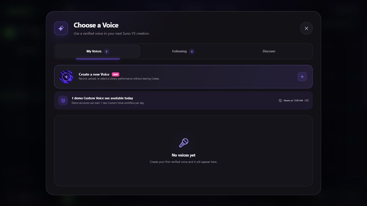 Audoryx creator studio voice picker showing the daily Custom Voice allowance, remaining use, reset time, and existing voice actions.