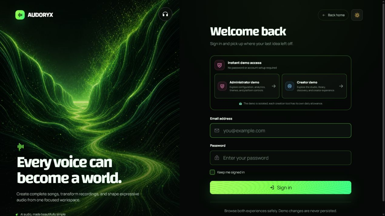 Neon Verdant login page showing one-click administrator and creator demo access above the standard email and password sign-in form.