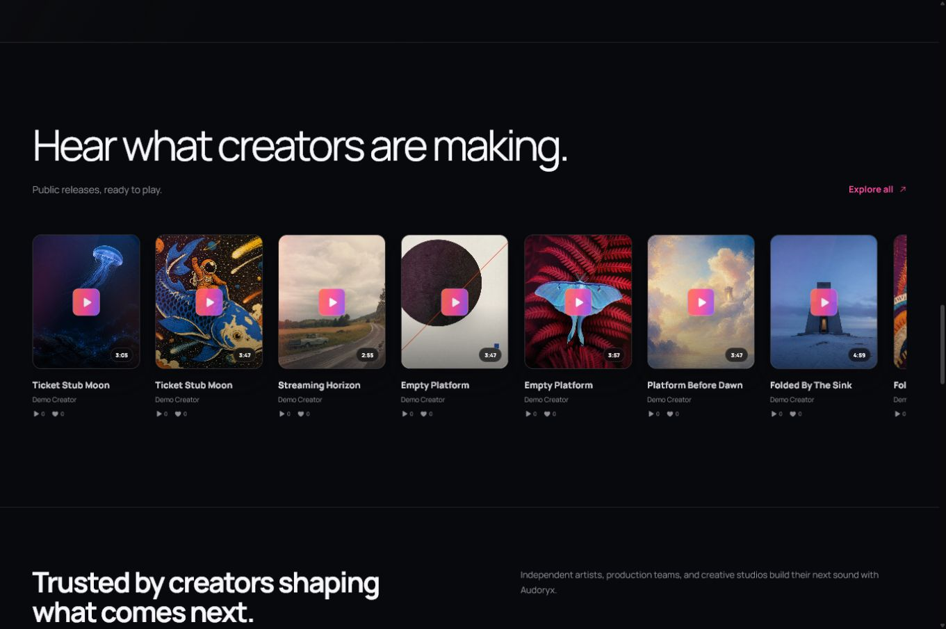 Nocturne landing page creation wall with distinct professional song cover images, titles, creators, durations, and playback actions.