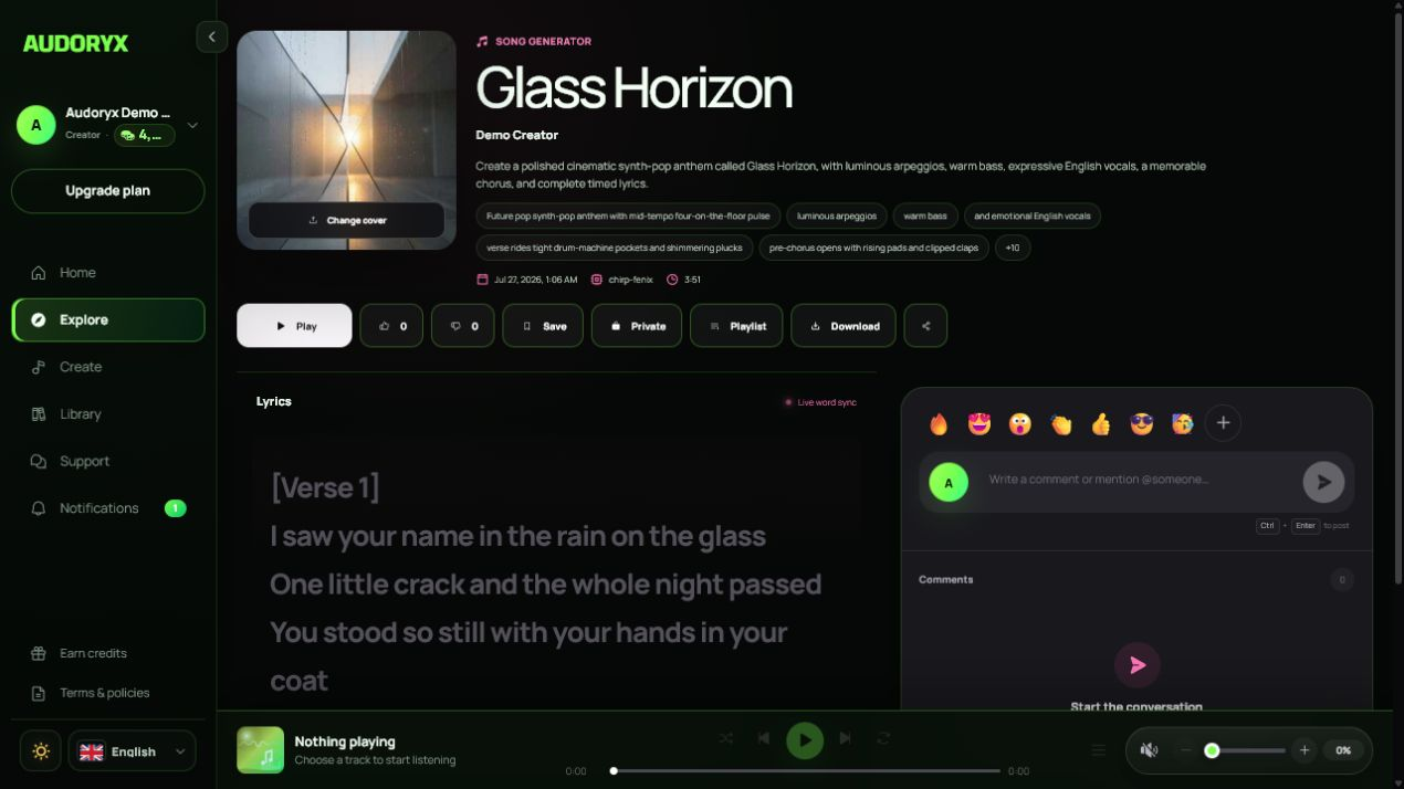 Neon Verdant song detail for Glass Horizon with a generated cover, completed Suno audio, Live word sync lyrics, and comments beside the lyric column.