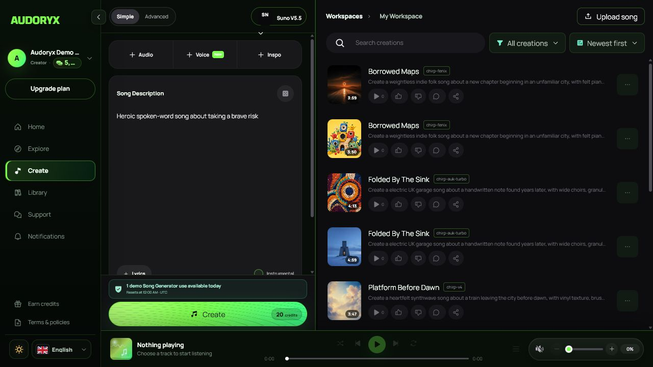 Neon Verdant creation workspace with model selection, Simple and Advanced modes, song description, instrumental option, and creation history.