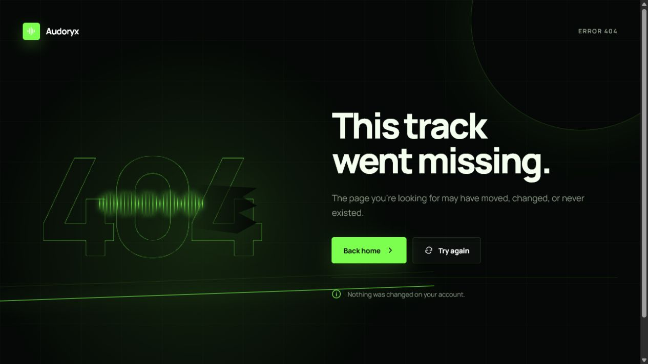 Neon Verdant 404 page with a theme-specific luminous green visual system and direct recovery actions.